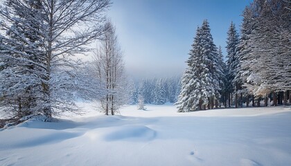 Fototapeta premium 雪が積もった静かな森。遠くの木々と広がる雪景色が、冬の穏やかな雰囲気を作り出すシンプルなデザイン。 