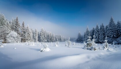 雪に覆われた森の風景。遠くに見える木々と雪の積もった地面が広がり、冬の静けさと美しさを感じるシンプルな景色。

