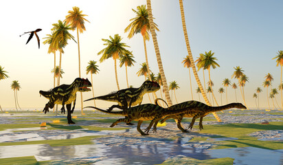 Allosaurus Dinosaurs run after Anchisaurus - A Dimorphodon Pterosaur watches as Allosaurus dinosaurs run after Anchisaurus dinosaurs for their next meal. © Catmando