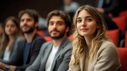 Obraz premium A group of people are sitting in a red auditorium