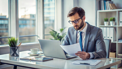 Fototapeta premium Focused businessman analyzing documents in a modern office setting