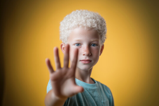 An albino boy with blue eyes and freckles looks calmly at the camera, raising his hand in a stop gesture to protest against discrimination. Light blue shirt. Bright yellow background. Awareness poster - Powered by Adobe