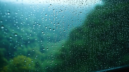 Rain droplets on a window with a lush green landscape in the background mid-morning