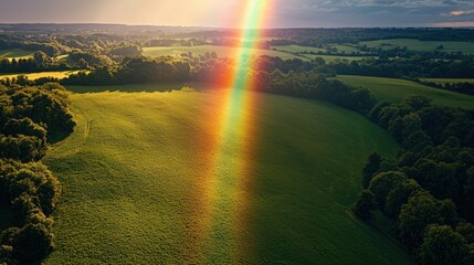 A vibrant rainbow arches across a serene landscape after a spring rain in the countryside