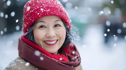Happy mature Asian lady in winter