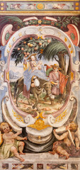 Obraz premium PAVIA, ITALY - SEPTEMBER 8, 2024: The fresco of Flight to Egypt in Basilica di San Michaele Maggiore by Giovanni Francesco Romani (1608).