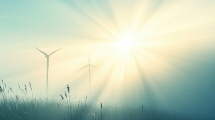 Wind turbines and sun rays beams of light bright day clean background  copy space