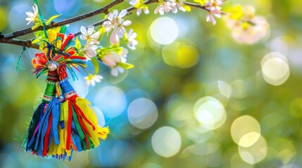 A vibrant Martenitsa decoration hangs on a blooming tree, celebrating Baba Marta amidst colorful spring flowers