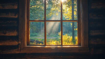 Fototapeta premium Sunlight streams through a cabin window, illuminating a serene forest landscape