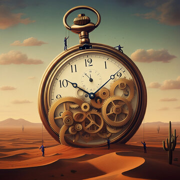 Surreal illustration of a vintage pocketwatch in the desert tic toc desertation watch covered with sand in the dunes climate change dreamy artwork for time passing forgotten time