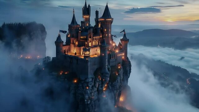 A fairytale castle perched atop a misty mountain