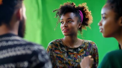 Young filmmakers take a break on set, discussing the next scene in front of a green screen. Diverse crew collaborates, sharing creative ideas amidst buzzing equipment