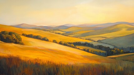 A picturesque landscape painting with rolling hills, grassy fields and a golden sunset.
