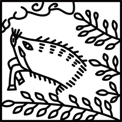 線画正方形シンプル花札　文月　萩　猪　7月　萩に猪