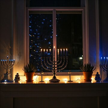 Hanukkah Lights Twinkling on a Festive Mantel