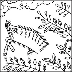 線画正方形花札　文月　萩　猪　7月　萩に猪