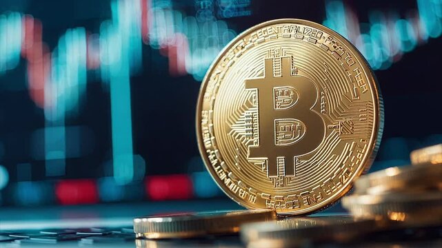 Golden bitcoin sitting on a pile of bitcoins in front of a stock candle chart.