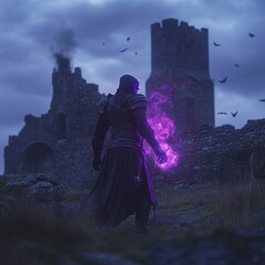 Obraz premium Skeleton mage, demon with glowing purple aura, dark castle ruins