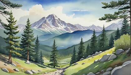 Tranquil Watercolor Mountain Landscape Featuring Lush Pine Trees for Nature-Centric Design and International Mountain Day Celebrations