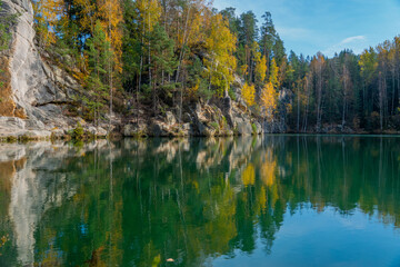 View of lake in Adrspach-Teplice Rocks in autumn. Adrspach, Czech Republic