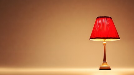   A red lamp sits atop a white tablecloth, with a red shade nearby