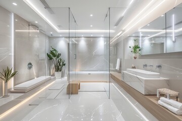Interior of modern bathroom with white and glass walls, tiled floor and bathtub, Ai Generated