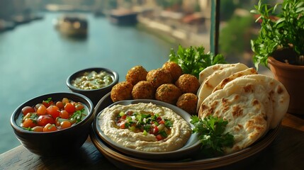 A plate of food with a variety of dishes including hummus, pita bread