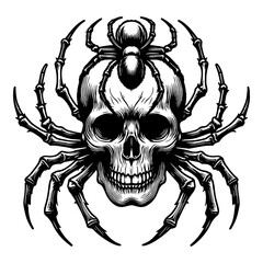 Skull with Spider Design in Black and White. Vector illustration, generative ai.