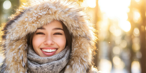 Beautiful Russian young woman in fur coat and scarf smiling on the background of sunny winter forest