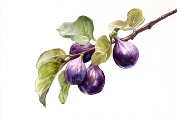 A watercolor illustration of four purple figs on a branch isolated on a white background