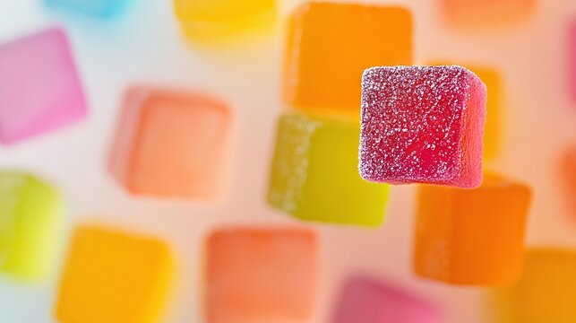   A close-up gummy bear against multicolored gummy bear squares