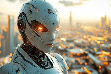 A beautifully crafted female robot gazes over a sprawling futuristic city at sunset, showcasing intricate design and vibrant glowing features