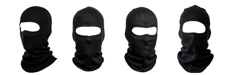  Set of Black Balaclavas Isolated on Transparent Background. Winter Sports, Cold Weather Protection, Anonymity, Thief, Criminal Concept. PNG Image.