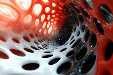 Abstract depiction of a swirling tunnel with intricate patterns in red, white, and black colors, conveying depth and motion