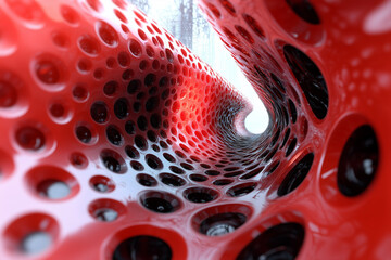 A vibrant red abstract tunnel with circular openings leads to a bright white light in the distance, creating a sense of depth and movement