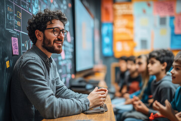 Teacher engaging students in an online classroom setting while explaining concepts during a virtual lesson in a bright, creative environment