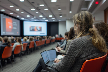 Obraz premium Engaged participants attending a live conference presentation in a modern facility during an educational event
