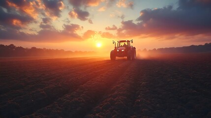 Fototapeta premium A tractor is driving through a field at sunset