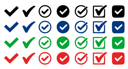 Green blue check mark and red cross icon set. Circle and square. Tick symbol in green red blue color, illustration.