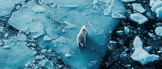 Naklejka premium A polar bear walks across fragmented ice in a stark, icy landscape.