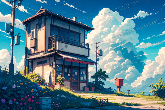 Anime-style illustration of japanese storefront, on small hill garden