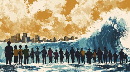 Fototapeta na wymiar Community United Against a Massive Ocean Wave An Educational Illustration of Resilience