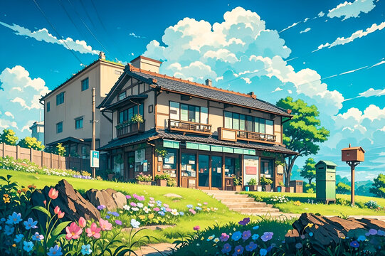 Anime-style illustration of japanese storefront, on small hill garden