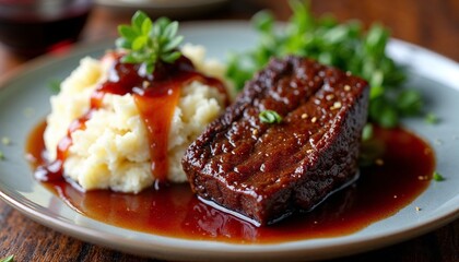 Sous vide short ribs served with creamy mashed potatoes and a red wine reduction, showcasing the tenderness and flavor infusion of sous vide cooking"