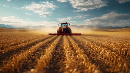 Obraz premium A tractor is driving through a field of corn