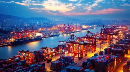 Naklejka premium A bustling port at dusk, filled with cargo containers and cranes, showcasing industrial activity.