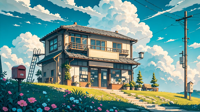 Anime-style illustration of japanese storefront, on small hill garden