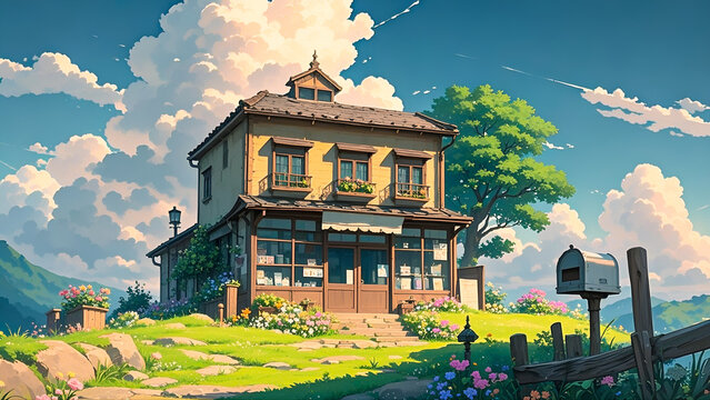 Anime-style illustration of japanese storefront, on small hill garden