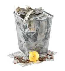 Many dollar banknotes in trash bin, coins and piggy bank isolated on white