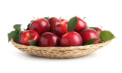 Fresh ripe red apples in wicker bowl isolated on white